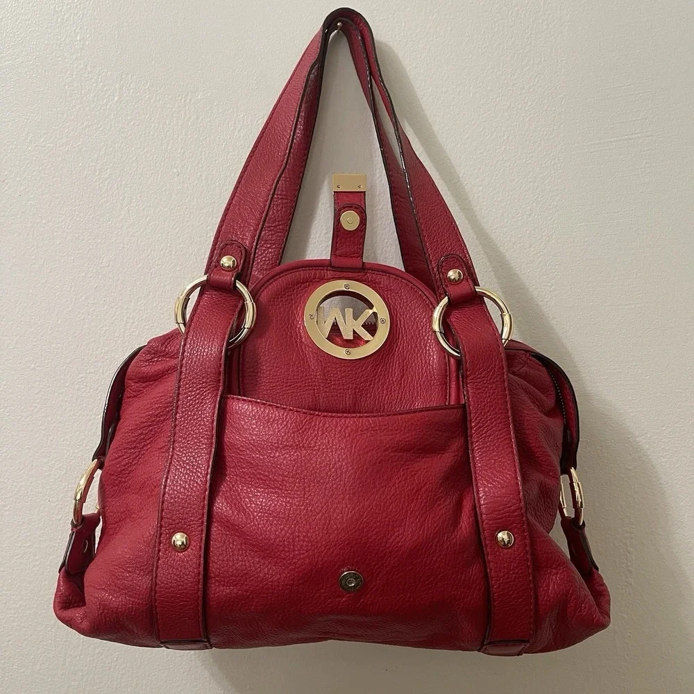 Michael Kors Red Pebbled Leather Shoulder Bag Gold Hardware Large Satchel Purse
